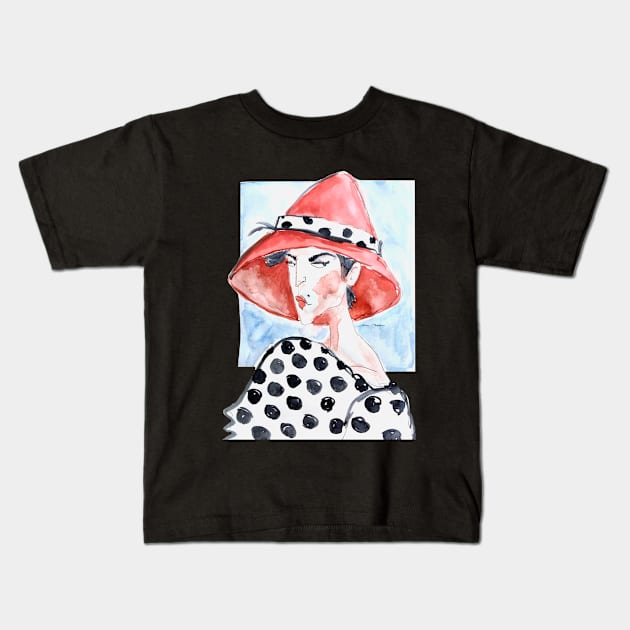 Woman In red hat Kids T-Shirt by barbasantara